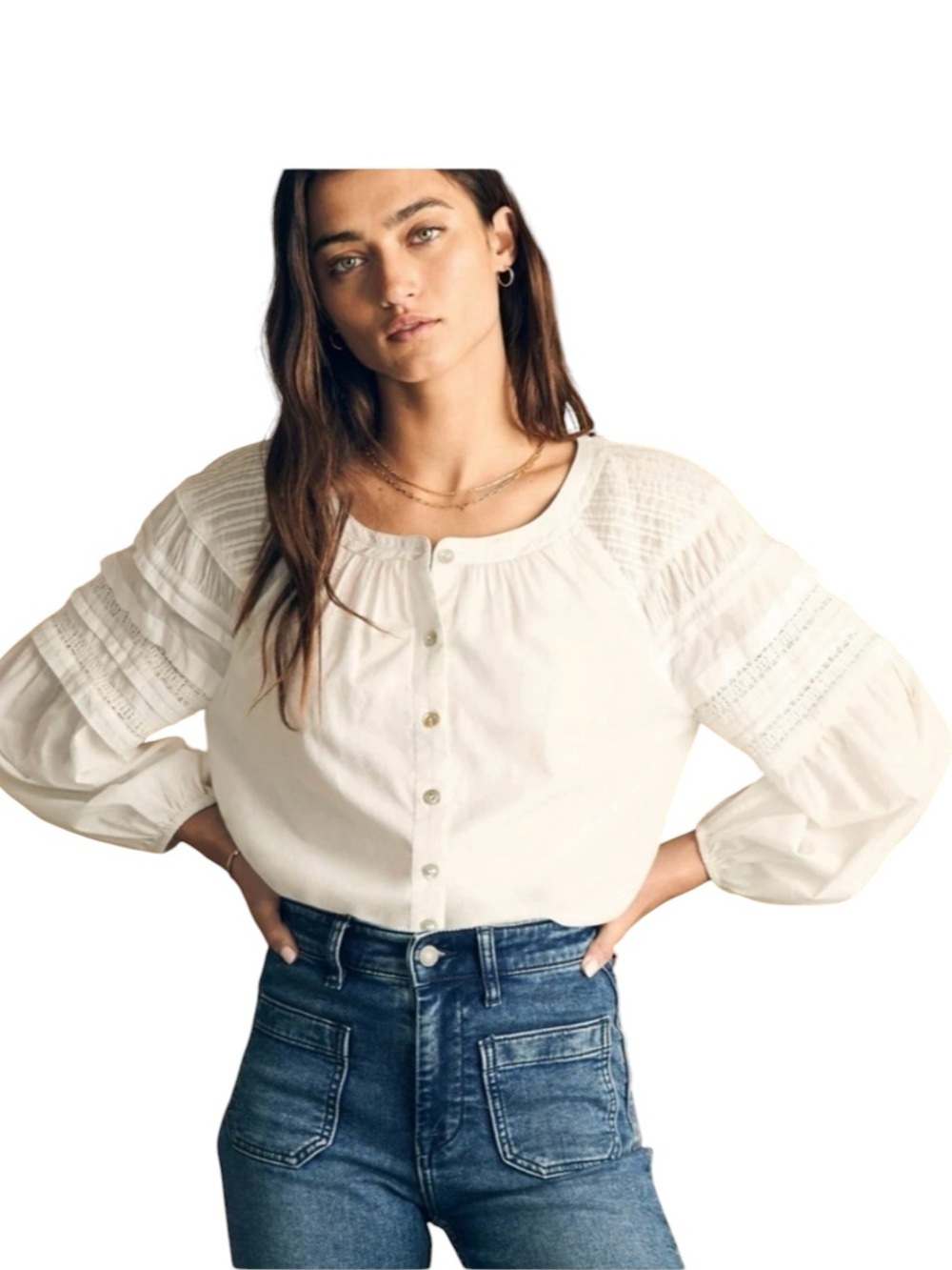 Faherty Enna Top Button-Front Peasant Blouse Organic Cotton Sze XL Boho Flowy